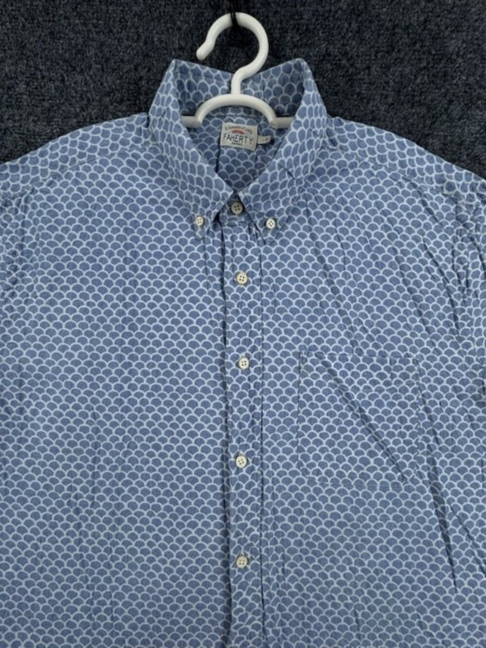 Faherty Short Sleeve Button-Down Cotton Spandex Geometric Soft Large Blue Men